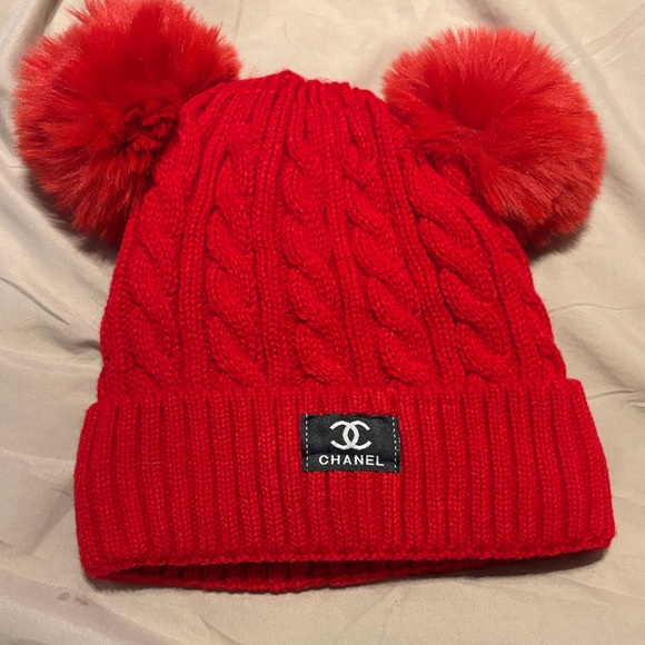 Coco Love Accessories - Chanel Vibrant Red Knit Hat with Pom-Poms